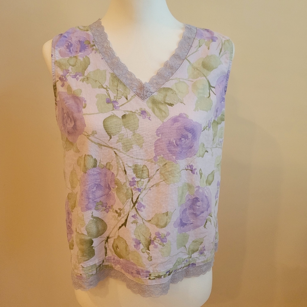 Linen, Floral Lavender Sleeveless Top And  Matching Pants, Norton Studio, Lace - Picture 2 of 10